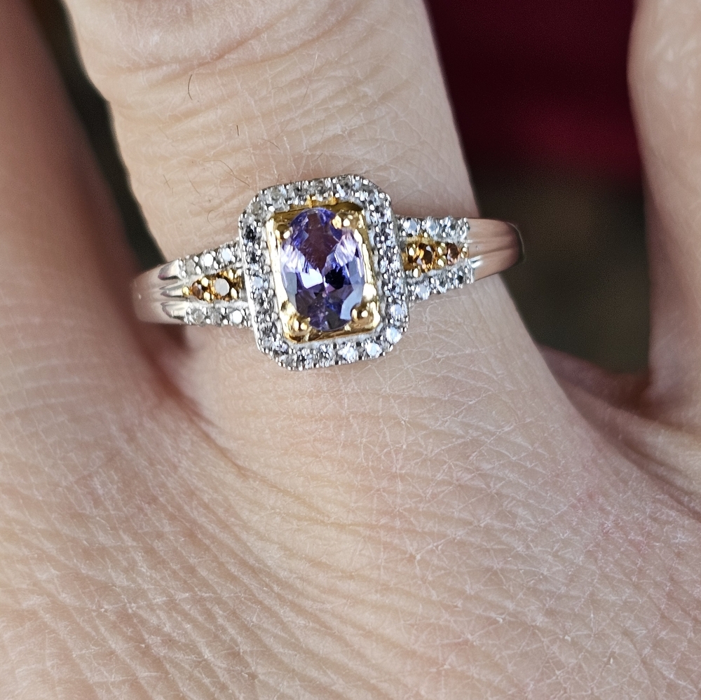 Genuine Tanzanite, Champagne & White Zircon Platinum Sterling Silver Sz 7 - Picture 9 of 10